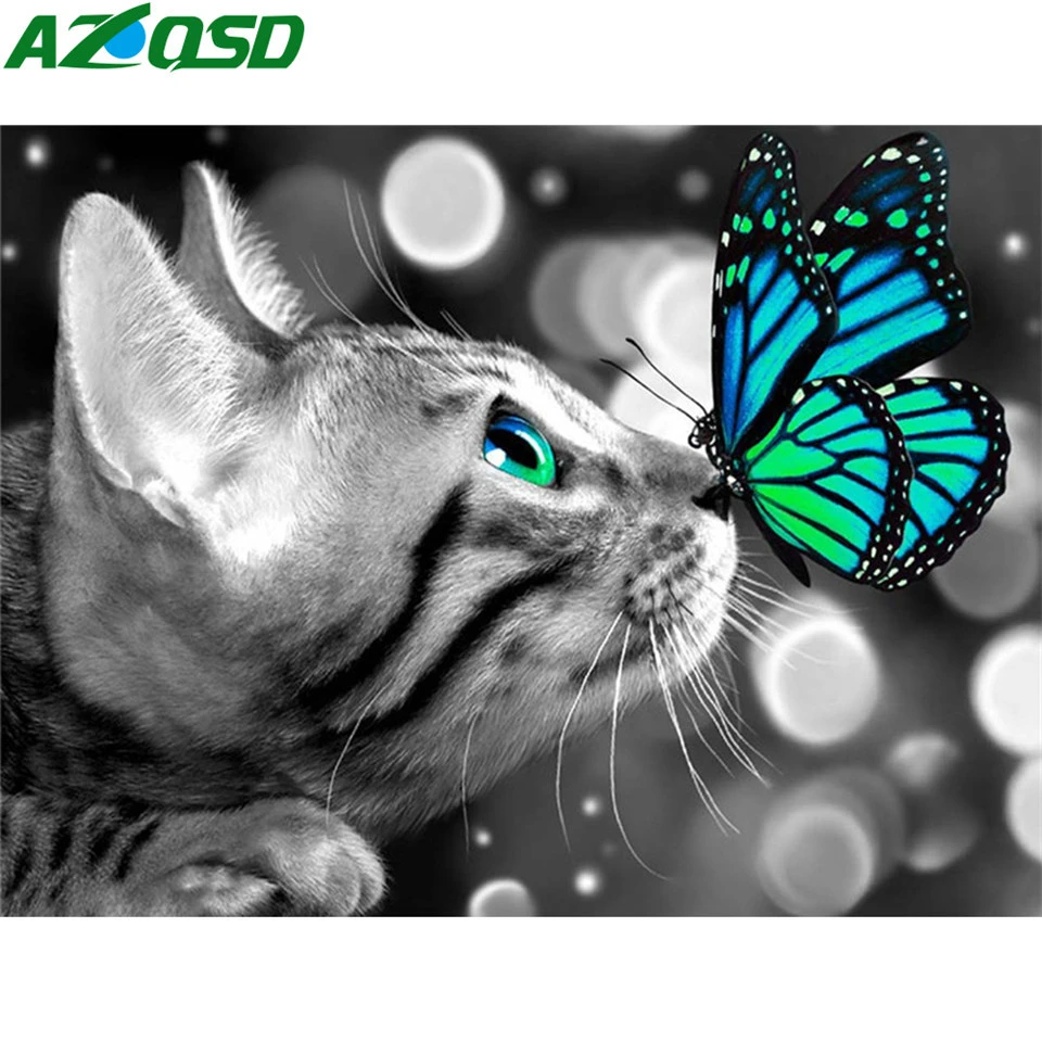 AZQSD 5D Diamond Slikarstvo Mačka Metulj Needlework Diamond Vezenje Živali Sliko Okrasnih Darilo Doma Dekor