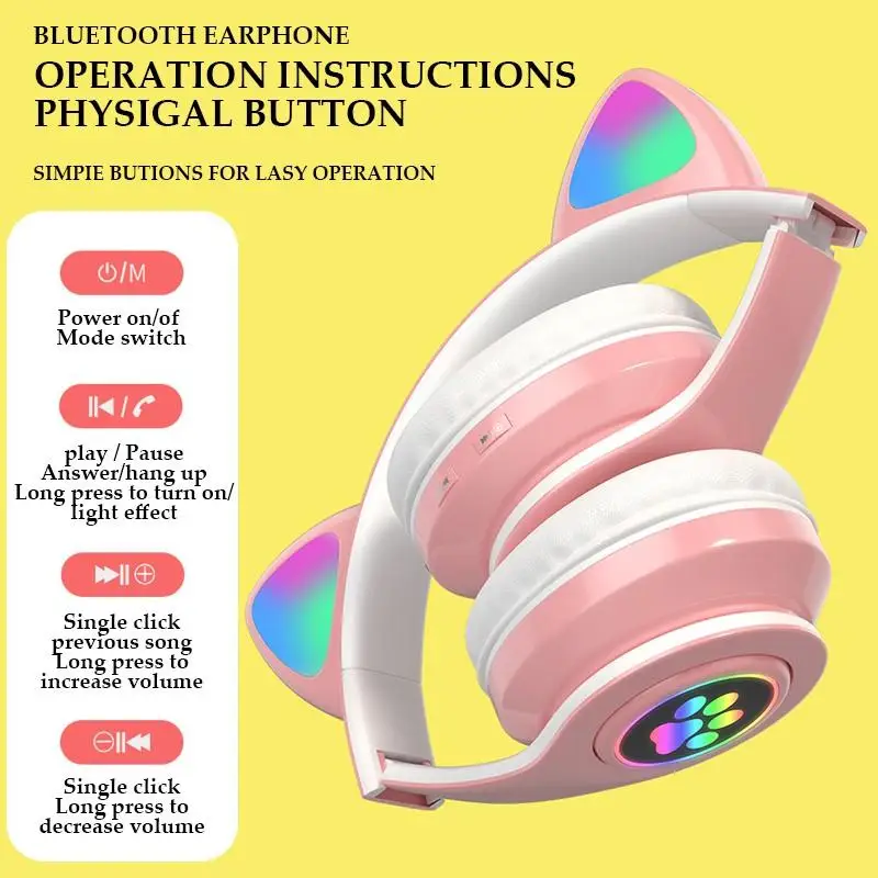 B39 Brezžična Tehnologija Bluetooth 5.0 Brezžične Slušalke Luštna Mačka Nevihte Mačka Ušesa Pisane Lučka Head-Mounted Zložljive Kartice Slušalke Neto Rdeča