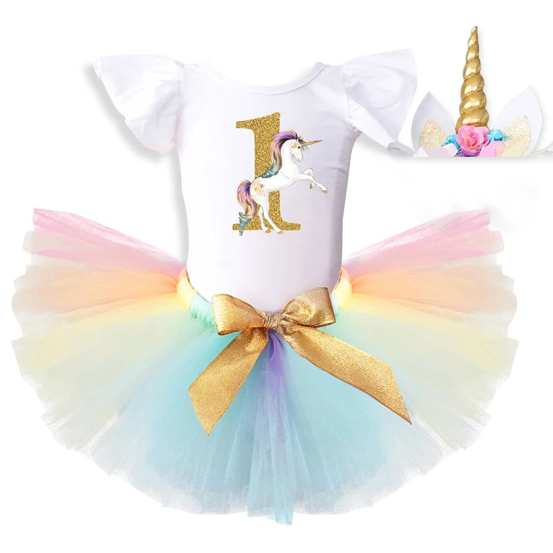 Baby 1 leto, rojstni dan obleko za baby dekle 1. Samorog Stranka obleke Princes obleko glavo Krst Obleke Otroška Oblačila