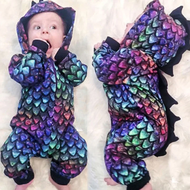 Baby Boy Igralne Obleke Kul Risanka Dinozaver Slog Otroka Romper Multicolor Dolg Rokav Baby Girl Boy Hooded Zadrgo Jumpsuit