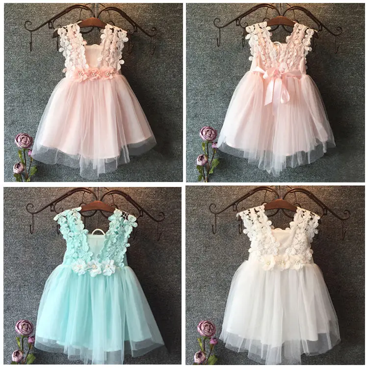 Baby cvet Otroci dekle obleko Princese Čipke Til Tutu Backless Obleke Formalno Stranko Obleko Mint, Roza, Bela, 2-7Y