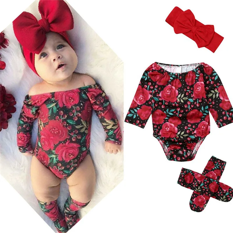 Baby Dekle Cvetlični Oblačila 3Pcs Določa Modne Rože Dolg Rokav Shoulderless Romper Leg Ogrevalnike Glavo Baby Girl Obleke 0-24M