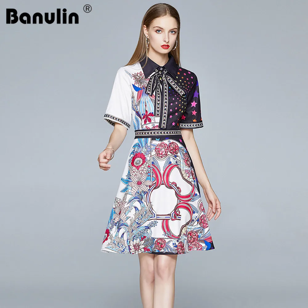 Banulin 2020 Poletje Modni Oblikovalec vzletno-pristajalne Steze Cvetlični Mini Obleka Ženske Lok Sashes Kratek Rokav Vintage Tiskanja Kratka Obleka