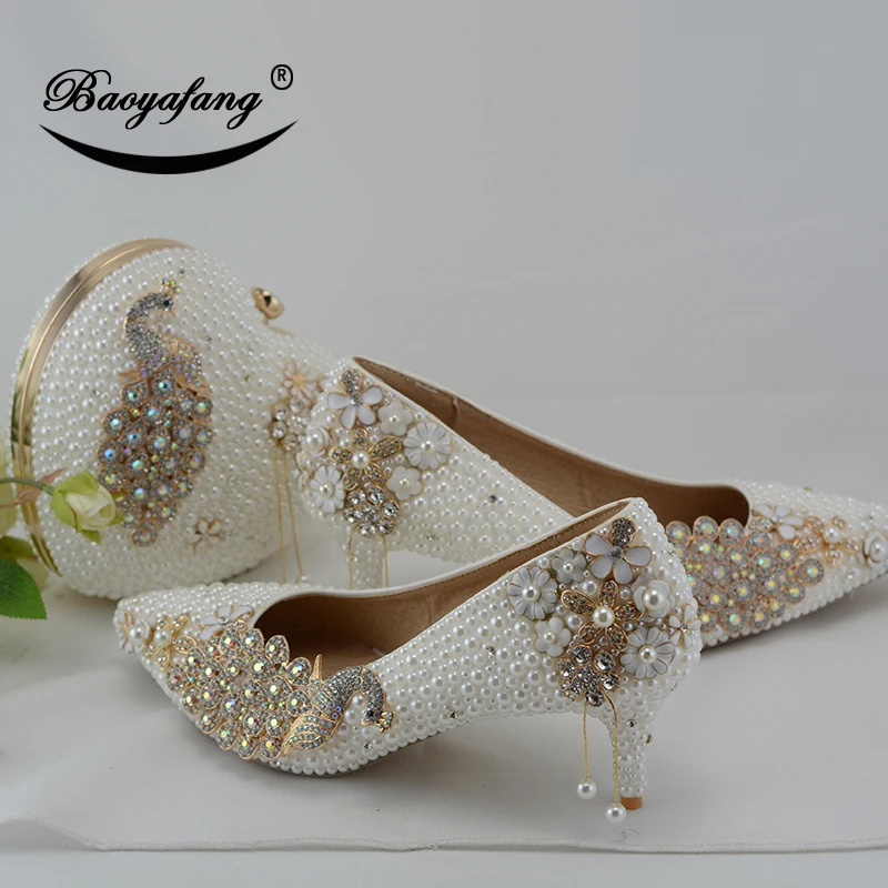 BaoYaFang White pearl Ženske poročni čevlji z ujemajočimi vrečke nevesta 7 cm Tanke pete Pav Ženske Paty čevelj vrečko in Velika velikost