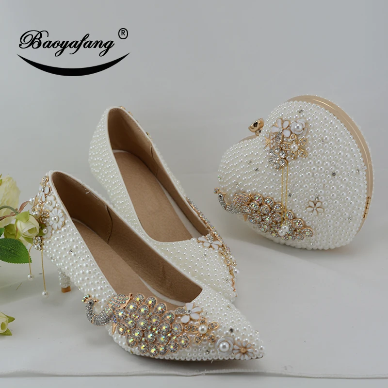 BaoYaFang White pearl Ženske poročni čevlji z ujemajočimi vrečke nevesta 7 cm Tanke pete Pav Ženske Paty čevelj vrečko in Velika velikost