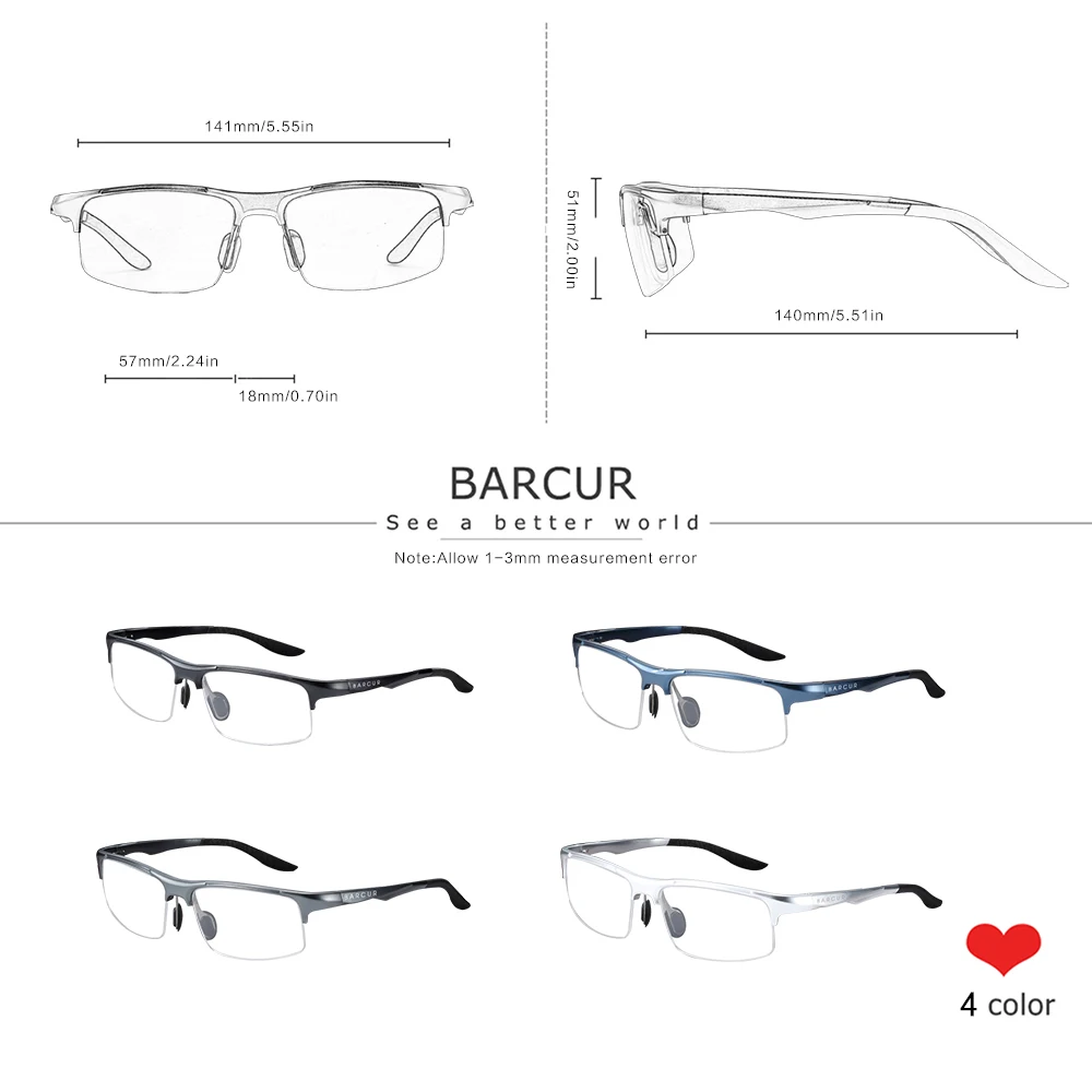 BARCUR Modela Očal, Aluminija, Magnezija Okvir Moških Pravokotnik Ultralahkih Oči, Kratkovidnost Recept Branje Očala