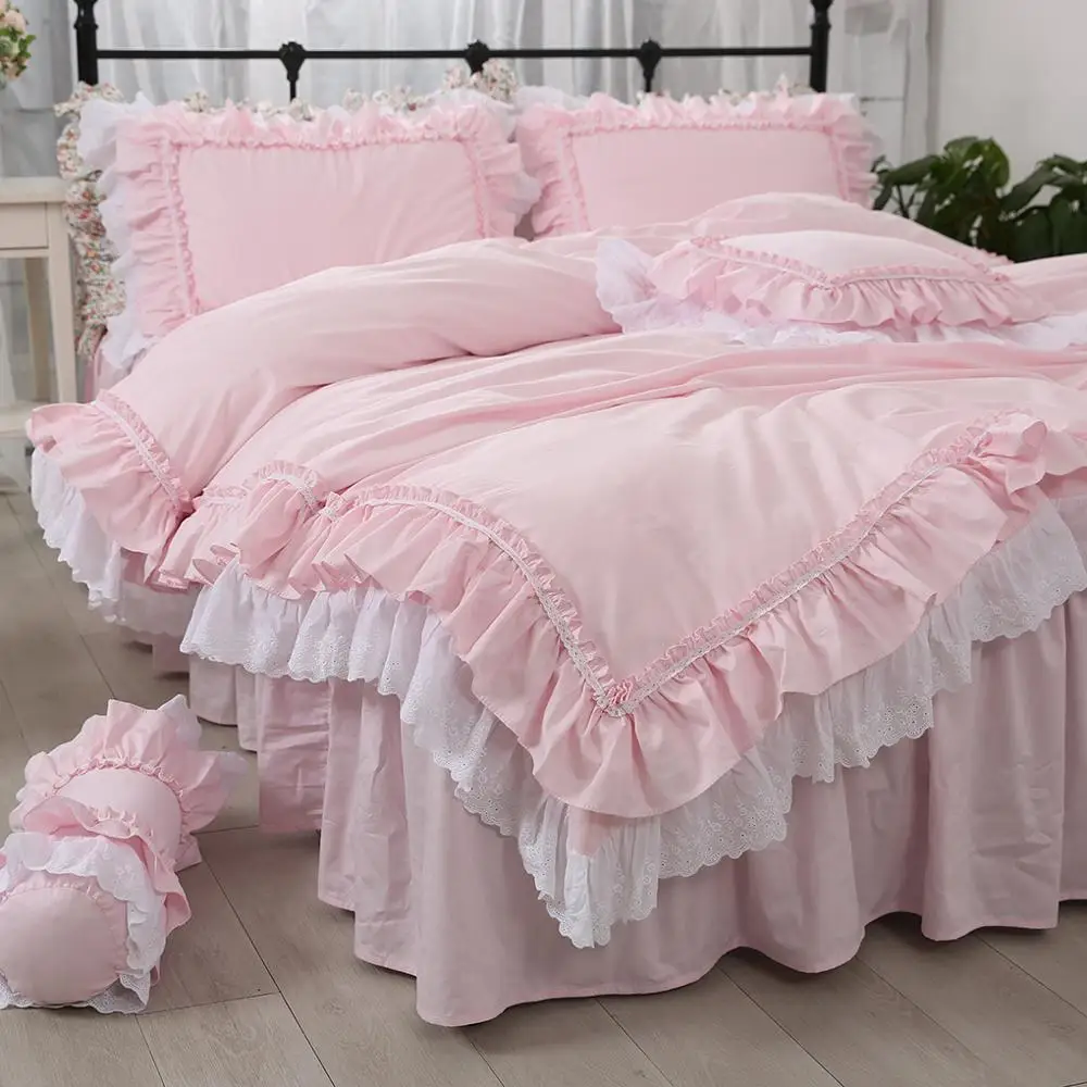 Barva roza ruffles luksuzni posteljnina nabor bombaž princesa vezene čipke zgostitev bedspreads ropa cama de posteljo krilo YYX