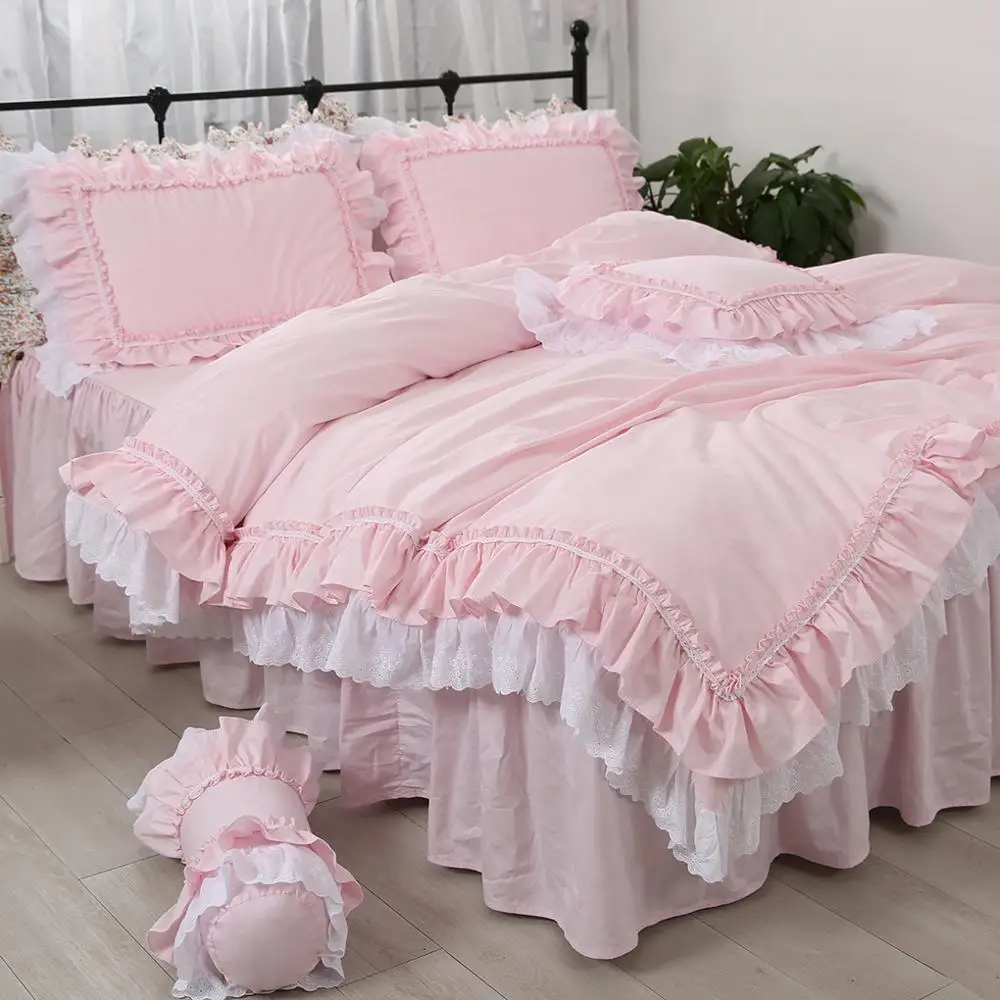 Barva roza ruffles luksuzni posteljnina nabor bombaž princesa vezene čipke zgostitev bedspreads ropa cama de posteljo krilo YYX
