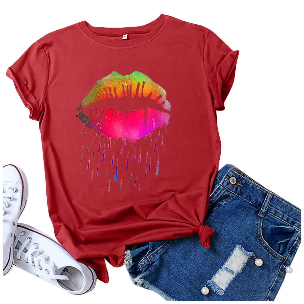 Barvita Ustnice Natisniti Tee Moda za Ženske Priložnostne Kratek Rokav O-vratu T-shirt Vrhovi 2020 Poletje Plus Velikost S-5xl Vrh Za Ženske