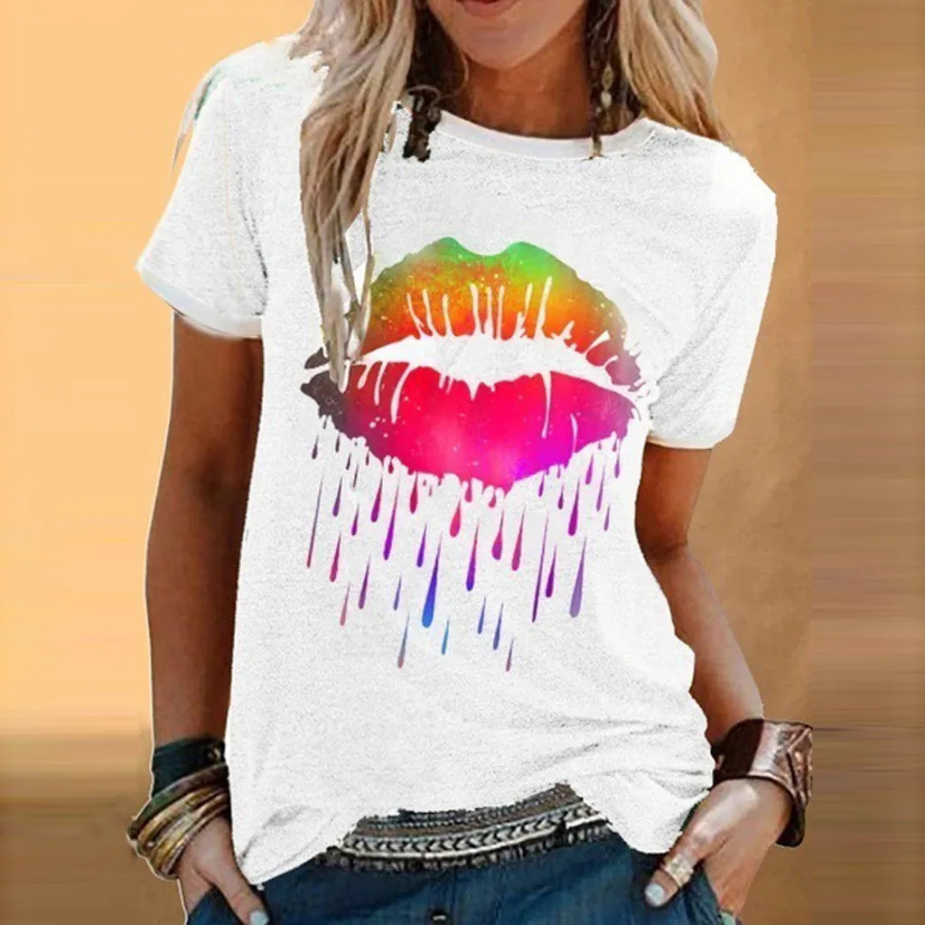 Barvita Ustnice Natisniti Tee Moda za Ženske Priložnostne Kratek Rokav O-vratu T-shirt Vrhovi 2020 Poletje Plus Velikost S-5xl Vrh Za Ženske