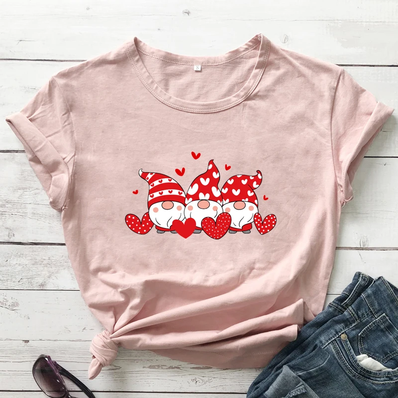 Barvne Trije Palčki Holding Srca T-shirt Lepe Ženske Valentine Graphic Tee Vrh Smešno Valentinovo Darilo Tshirt Camiseta