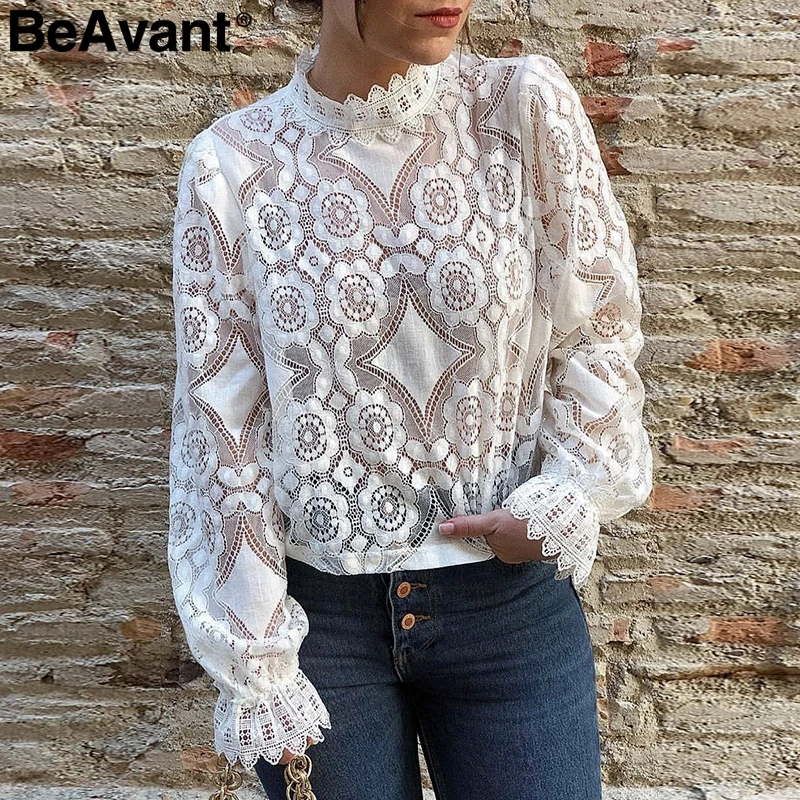 BeAvant Eleganten čipke ženske belo bluzo majica Vezenje luč rokav vintage bluzo 2019 Poletje pregleden seksi ženski top