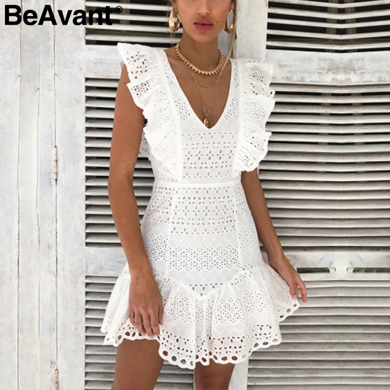 BeAvant Elegantno ruffle bombaž bela ženske obleke Vezenje visoko pasu poletje obleko priložnostne Letnik kratek stranka obleke, ženske