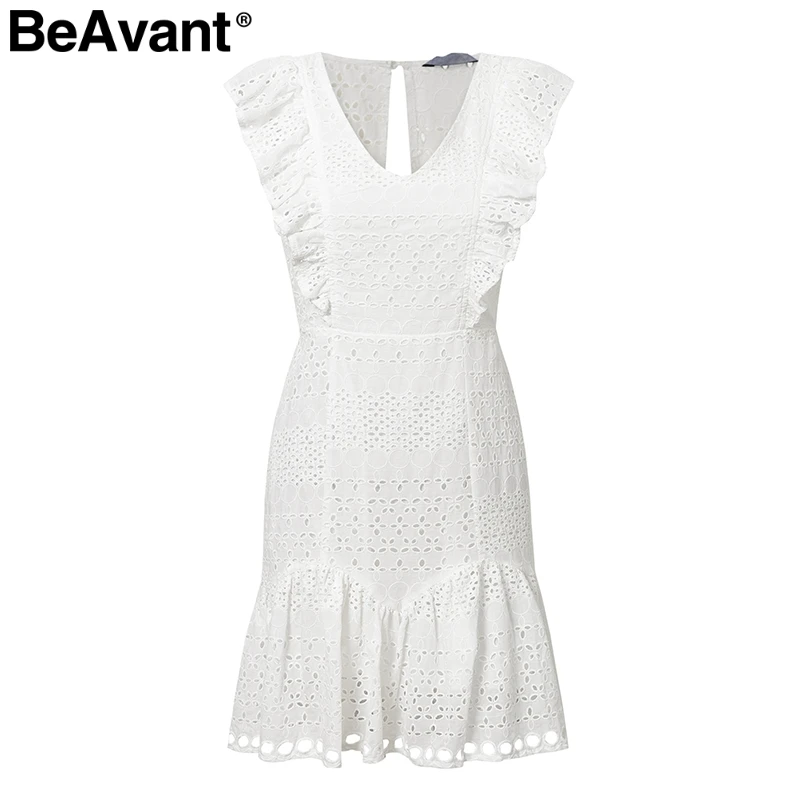 BeAvant Elegantno ruffle bombaž bela ženske obleke Vezenje visoko pasu poletje obleko priložnostne Letnik kratek stranka obleke, ženske