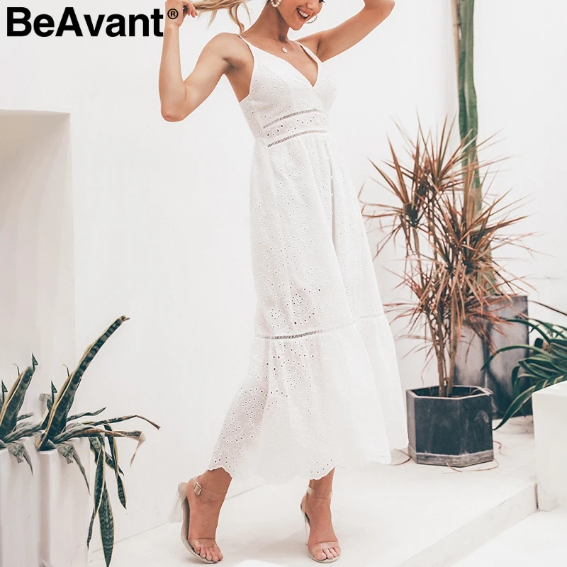 BeAvant Vezenje bombaž bela poletna obleka ženske Seksi v vratu špageti trak dolgo obleko Visoko pasu gumb za priložnostne obleko ženski