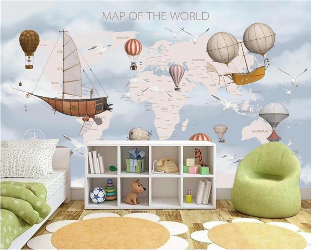 Beibehang Ozadje po Meri Risanka Zemljevidu Sveta otroški Sobi Letenja z Balonom ozadje ozadje za stene, 3 d