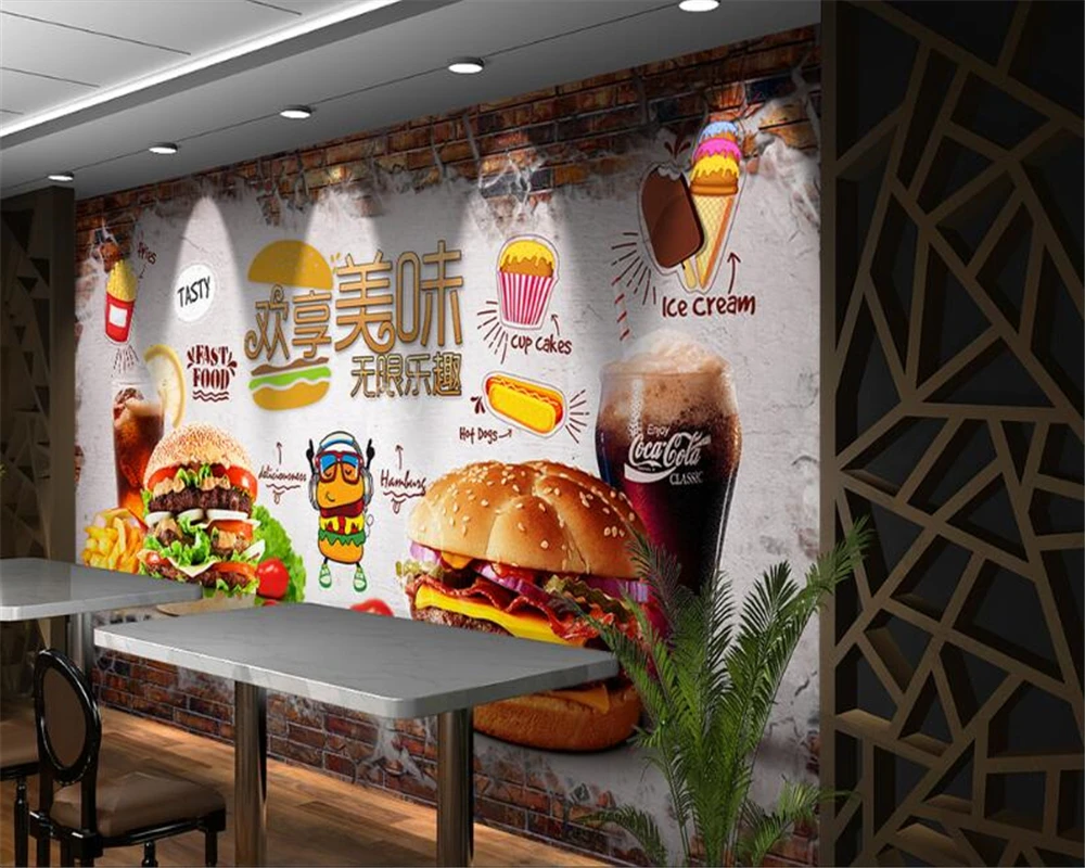Beibehang Sodobne super svilnato stene papirja ročno poslikano opeke 3d ozadje okusno hamburger fast food trgovina orodje ozadju