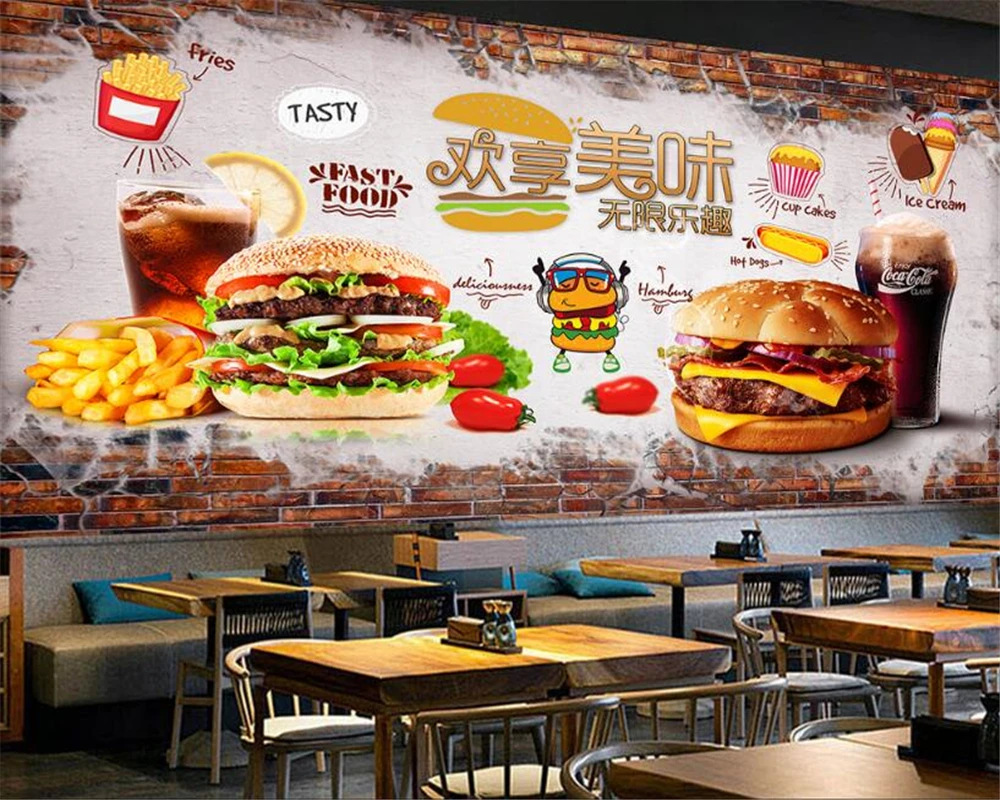 Beibehang Sodobne super svilnato stene papirja ročno poslikano opeke 3d ozadje okusno hamburger fast food trgovina orodje ozadju