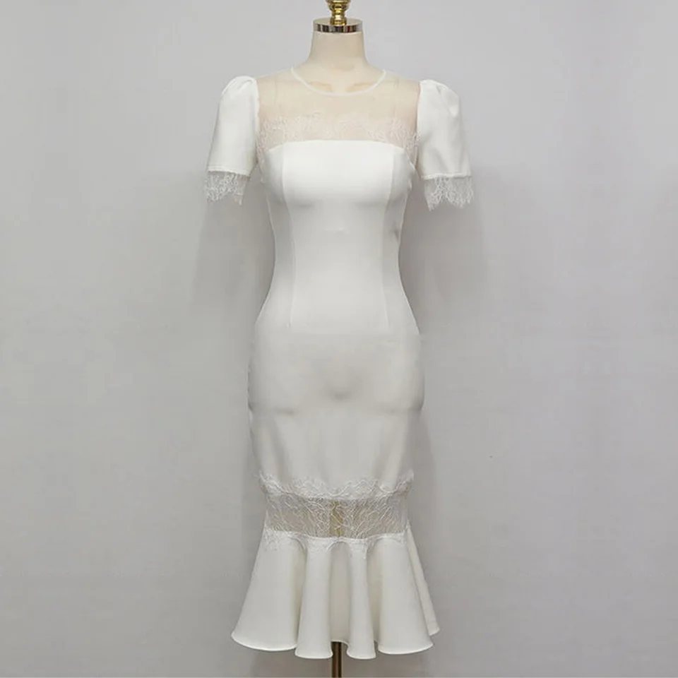 Bel Eleganten Stranka Obleko 2020 Poletje Preprosta O-Vratu Očesa Visoko Pasu Šivanje Čipke Fishtail Robom Temperament Ženske Obleke