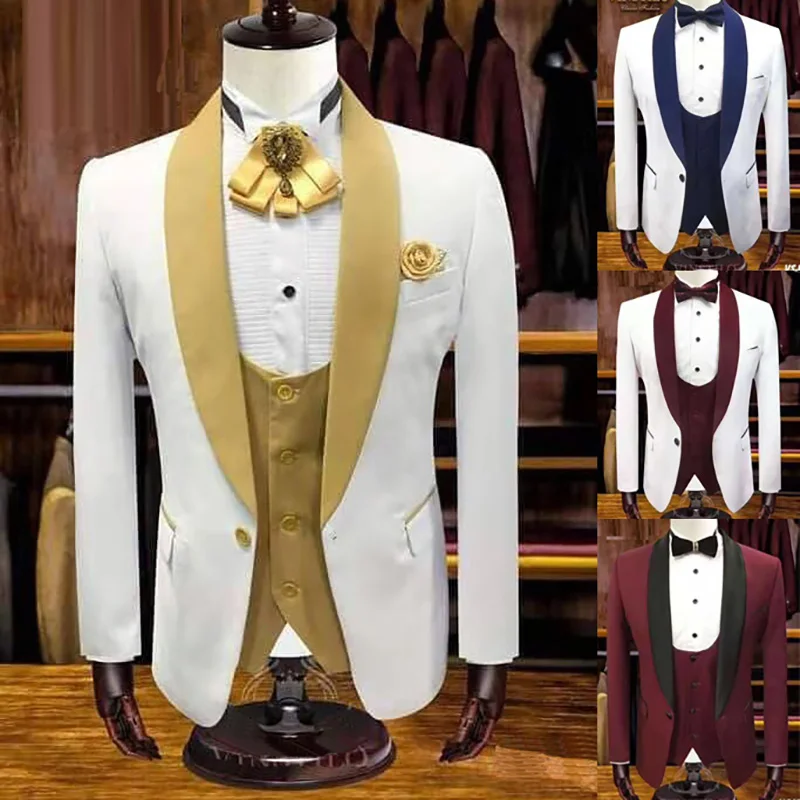 Beli Moški, Obleko Poročno Obleko 3 Kosov Jopičem Zlato Ženina poročna Terno Masculino Slim Fit Jakno, Hlače, Brezrokavnik Moški Obleke, hlače z