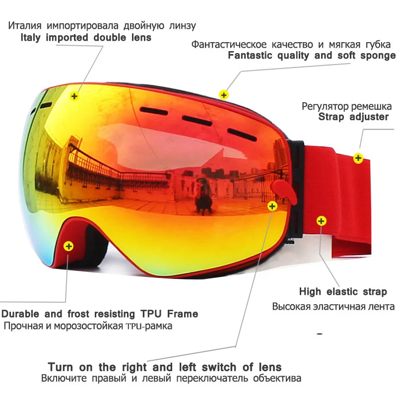 Benice dvojne Plasti UV anti-fog objektiv Moški smučarski očala velikih okroglih deskanje na snegu smučanje, snow očala Očala 3100+Box Primeru