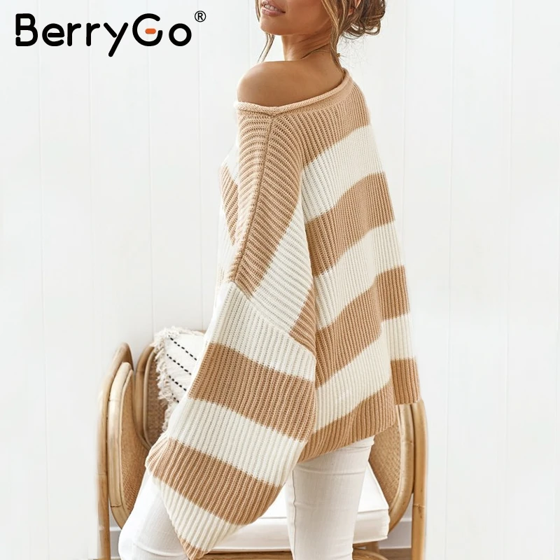 BerryGo Priložnostne črtasto pleteno pulover ženske, O vratu debel pulover ženske skakalec Svoboden mehko ulične volno jopica pozimi