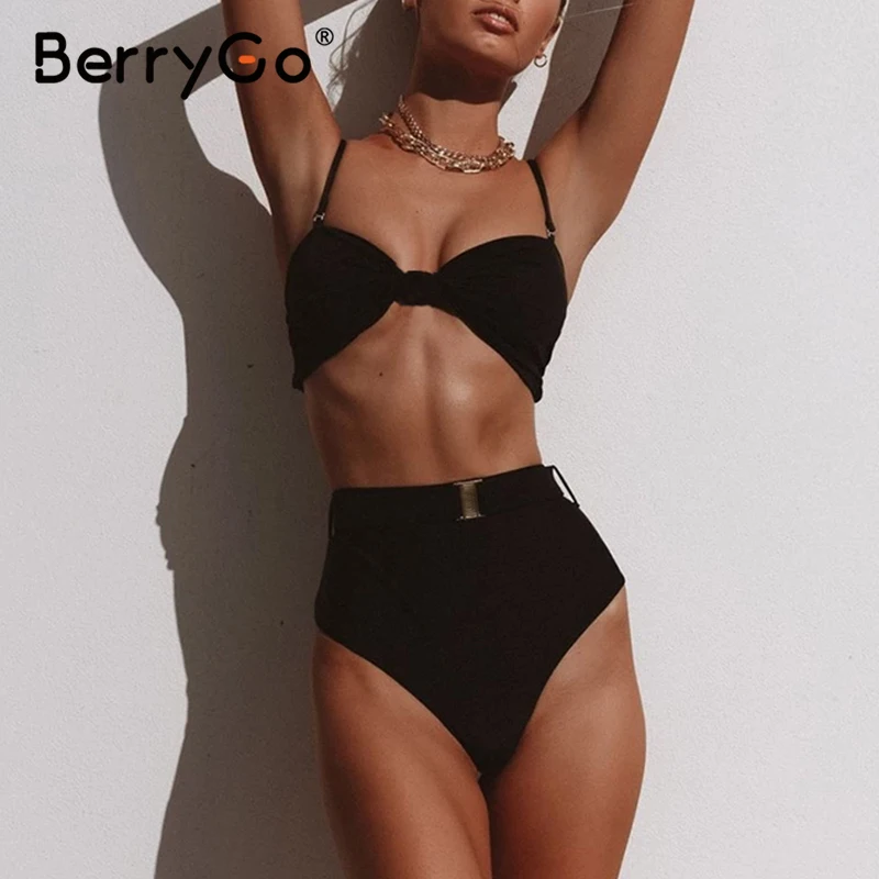 BerryGo Seksi bikini push up Visoki pas kopalke ženske Pasu kopalke ženske Povodcem kopalke Črna obleka, kopalci biquini