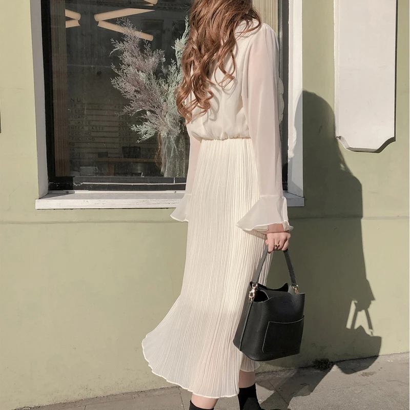 BGTEEVER Elegantno O-vratu Ruffles Ženske Šifon Obleko Flare-rokav Elastični Pas Žensko Obleko 2020 Pomlad Poletje Vestidos Femme