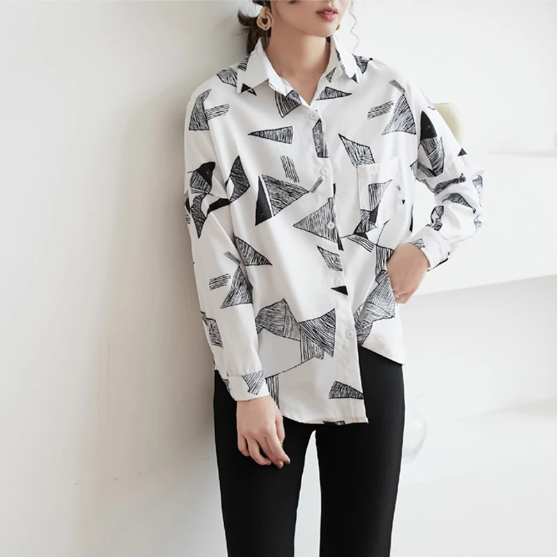 BGTEEVER Geometrijske Tiskanja Šifon Ženske Bluze Vrhovi Ohlapno Belo Bluzo Shirt Ženski Priložnostne Majice blusas mujer Pomlad 2019