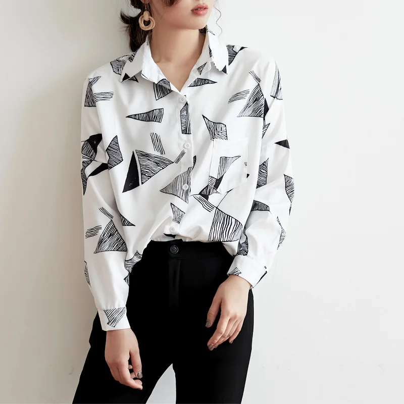 BGTEEVER Geometrijske Tiskanja Šifon Ženske Bluze Vrhovi Ohlapno Belo Bluzo Shirt Ženski Priložnostne Majice blusas mujer Pomlad 2019