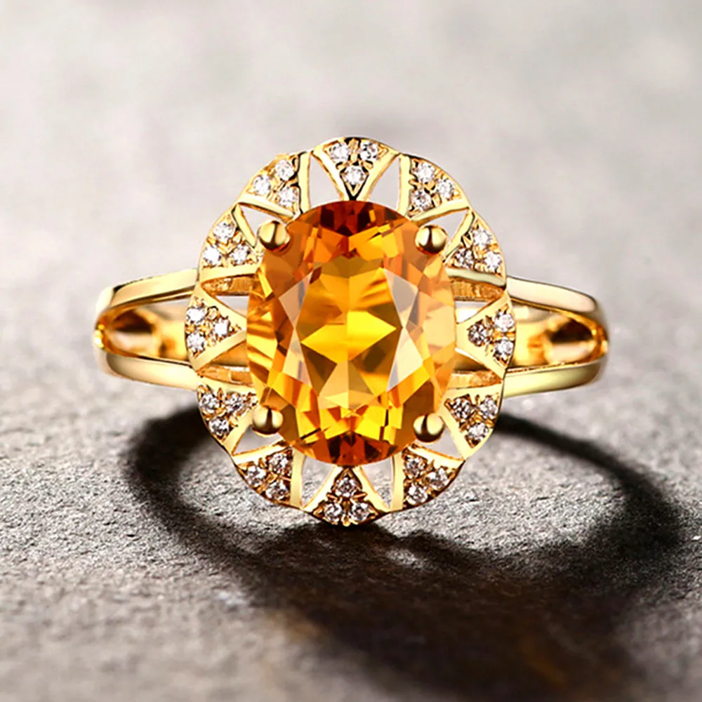 Big citrine dragih kamnov cirkon diamanti Obroči za ženske kristalno 14k zlato barvo stranka luksuzni nakit, dragulji, bague moda darila