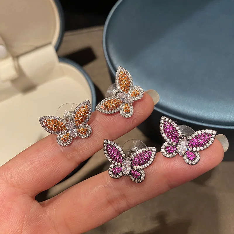 Bilincolor moda letnik vijolično kubičnih cirkon metulj male stud uhan za ženske