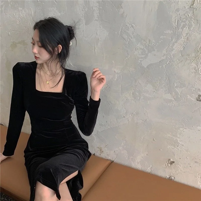 Black Retro Dolgo Obleko za Ženske Nov Prihod Visoke Kakovosti Stranka Dressfemale Dolg Rokav Dres Seksi Nazaj Povoj Dno Obleke