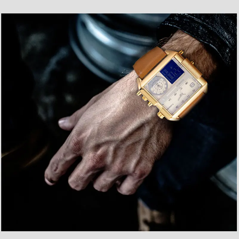 Blagovne znamke BOAMIGO Šport, Moda Pazi Moški Več Časovni Pas Velik Luksuzni Kronograf Watch Usnje Kvadratnih Quartz Mens Zapestne Ure