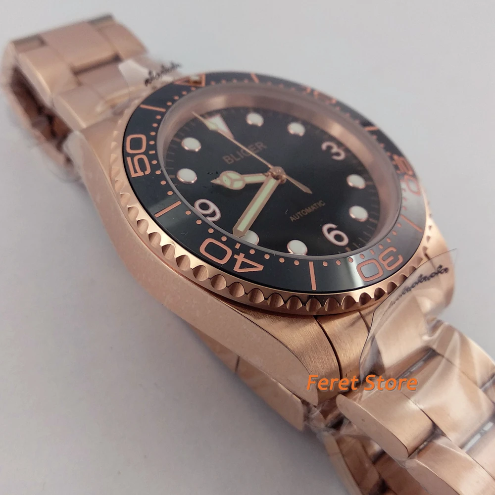 Bliger 40 mm Sterilne Rose zlata Samodejni Watch Moških Luksuzni Sapphire Kristalno Watch črna številčnica, Svetlobna Mehansko ročno uro Moški