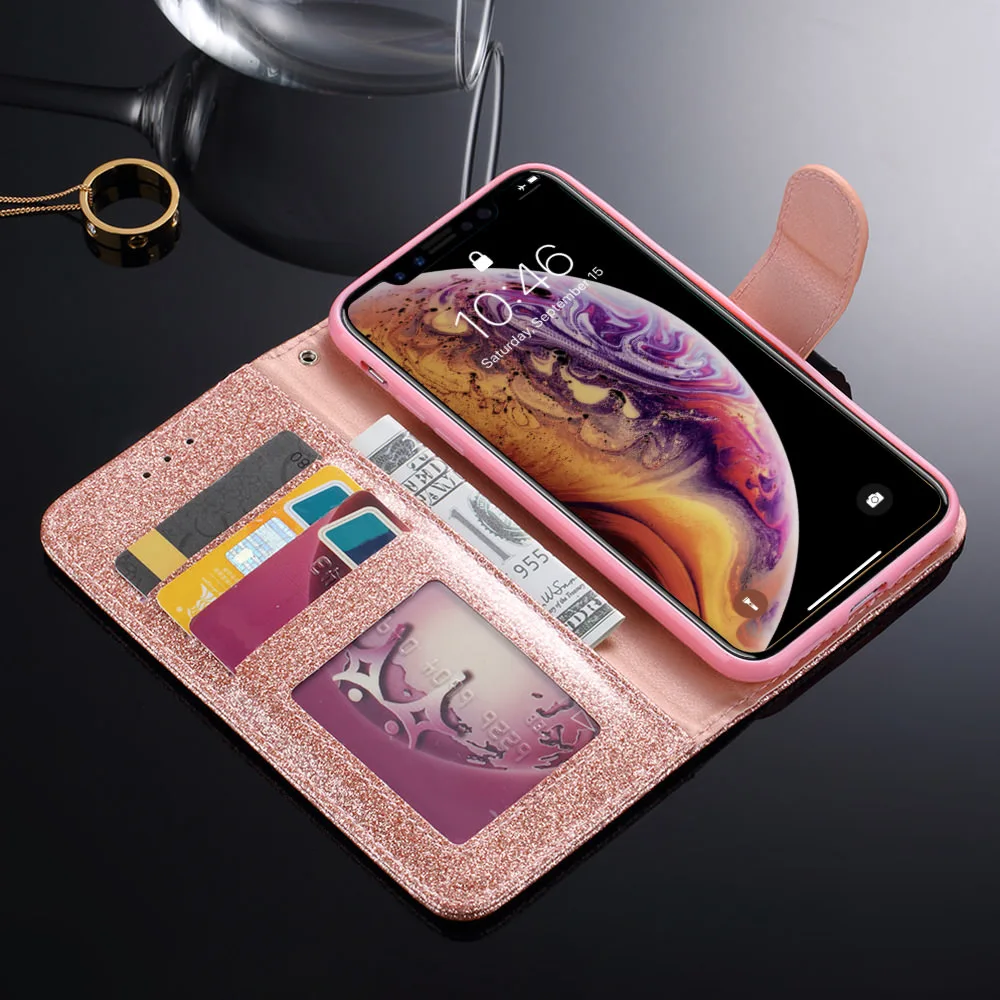 Bling Bleščice Denarnice Primeru Za iPhone Xr X Xs Max Ženske Flip Mehka Usnjena torbica Za iPhone 7 Plus 8 6S 6 5 5S SE 12 Mini Pokrov