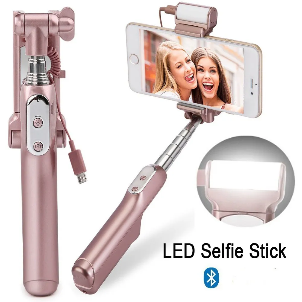 Bluetooth Selfie Palico, Ročno Kamero Zložljive Mini Monopod z Vzvratno Ogledalo/LED Selfie Fill Light Ročaj Mini Self Pole Stojalo