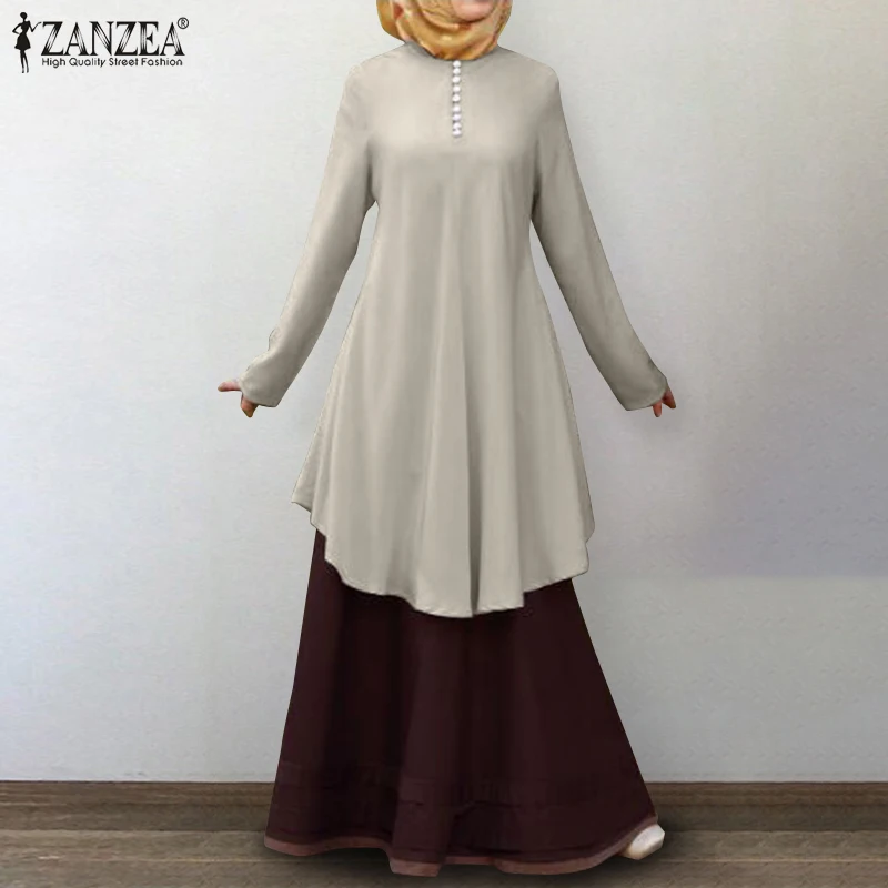 Bluzo 2021 Letnik Muslimanske Ženske Majice Asimetrični Bluzo Priložnostne Tunika z Dolgimi Rokavi Ženske Gumb Marocain turški Blusas 5XL