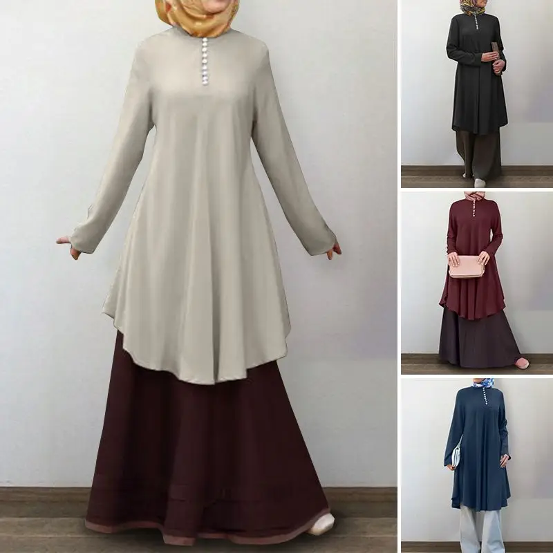 Bluzo 2021 Letnik Muslimanske Ženske Majice Asimetrični Bluzo Priložnostne Tunika z Dolgimi Rokavi Ženske Gumb Marocain turški Blusas 5XL