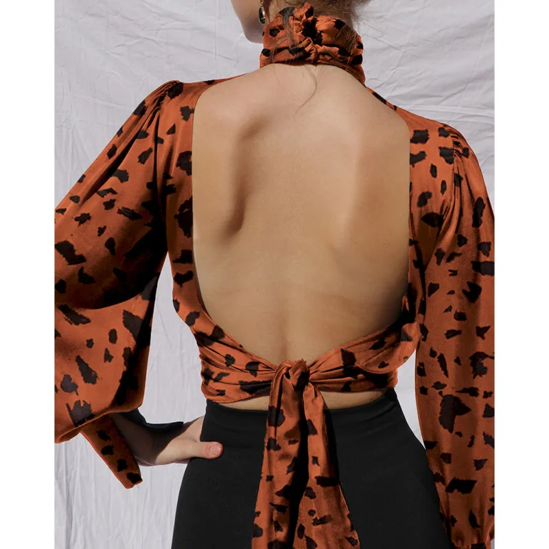 Bluzo Majica Jeseni Ženske 2020 Leopard Turtleneck Saten Svila Ženske Bluzo Seksi Votlih Iz Backless Eleganten Dolg Rokav Vrh Blusa