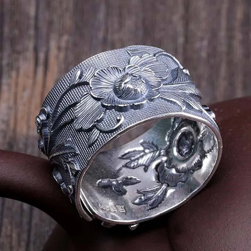 BOCAI realno S990 čistega srebra obroč za ženske peony cvet reliefni Tajski srebrni prstan bogato in modna ženska obroči