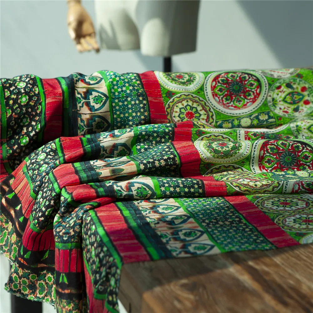 Boemski stil natisnjeni rdeče in zeleno cvetno čiste svile krep de chine tkanine,šivanje za krilo,obleka,srajca,bluza,obrti, ki jih dvorišču