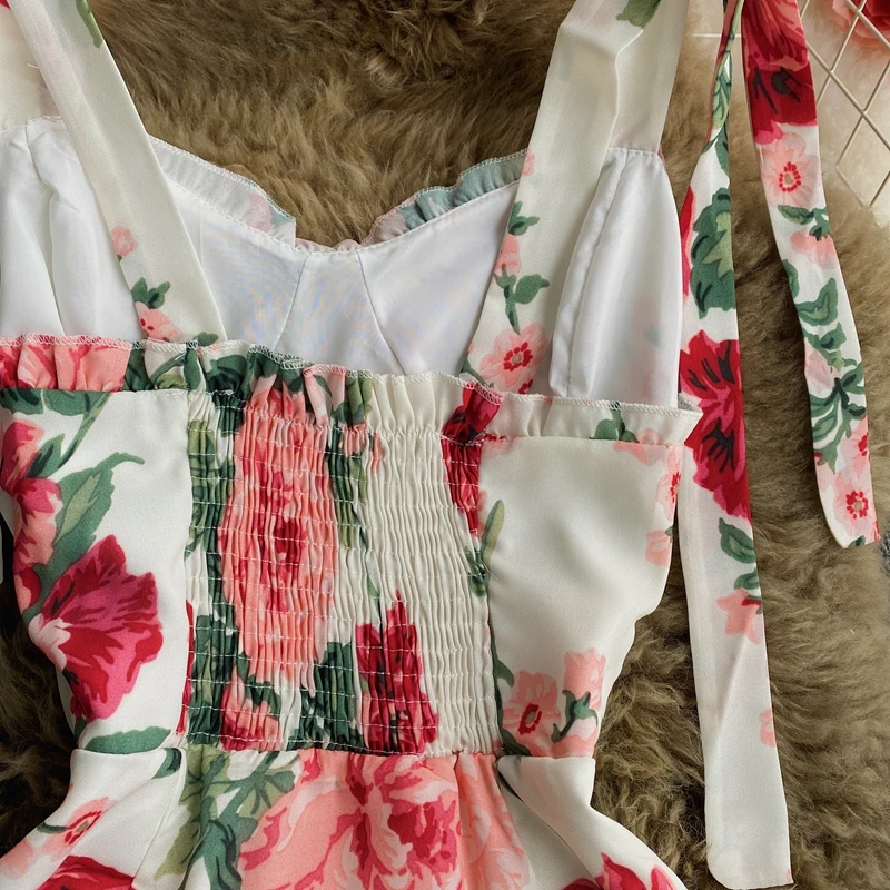Boho Chic Cvetlični Špageti Trak Mini Obleka Ženske Seksi Proti-Vrat Natisnjeni Bodycon Morska Deklica Vestidos 2021 Nova Moda Pomlad Poletje