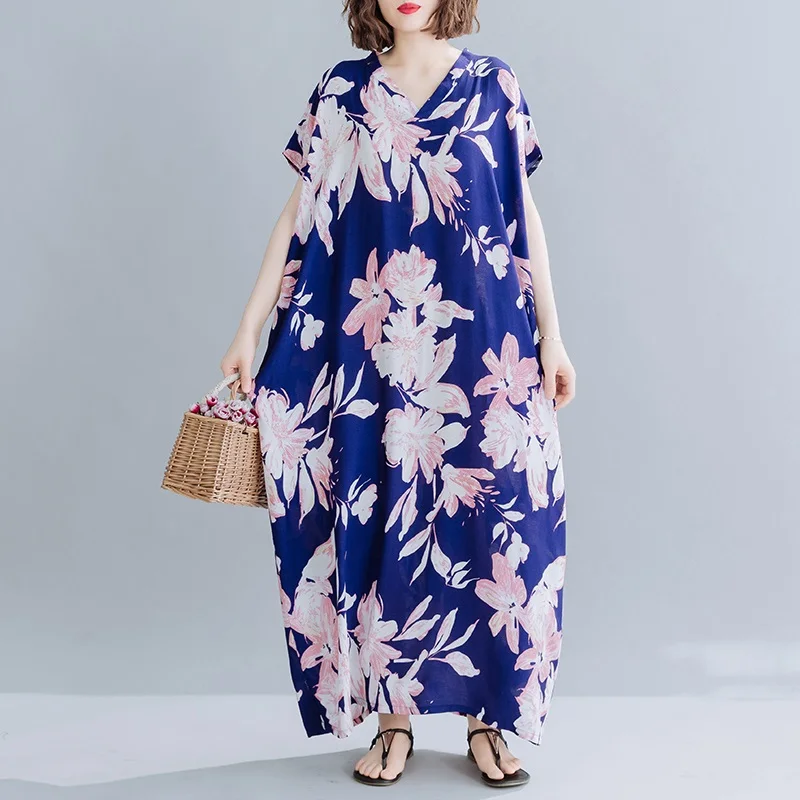 Bombaž saten plus velikost letnik cvetlični ženske priložnostne ohlapne dolge poletne plaže obleka elegantna oblačila 2021 ženske obleke sundress