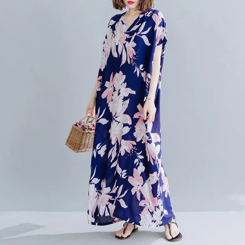 Bombaž saten plus velikost letnik cvetlični ženske priložnostne ohlapne dolge poletne plaže obleka elegantna oblačila 2021 ženske obleke sundress