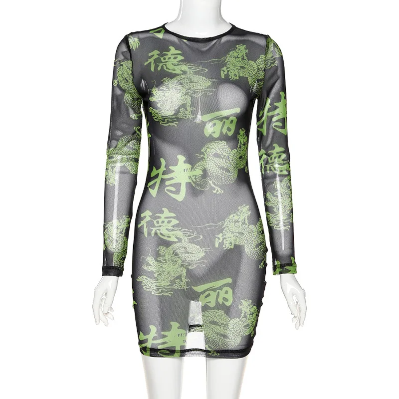 BOOFEENAA Zelena Tiskanja Odklon Očesa Dolg Rokav Mini Bodycon Obleko Pomlad Harajuku Moda 2020 Feminina Vestidos Sexis C83-H23