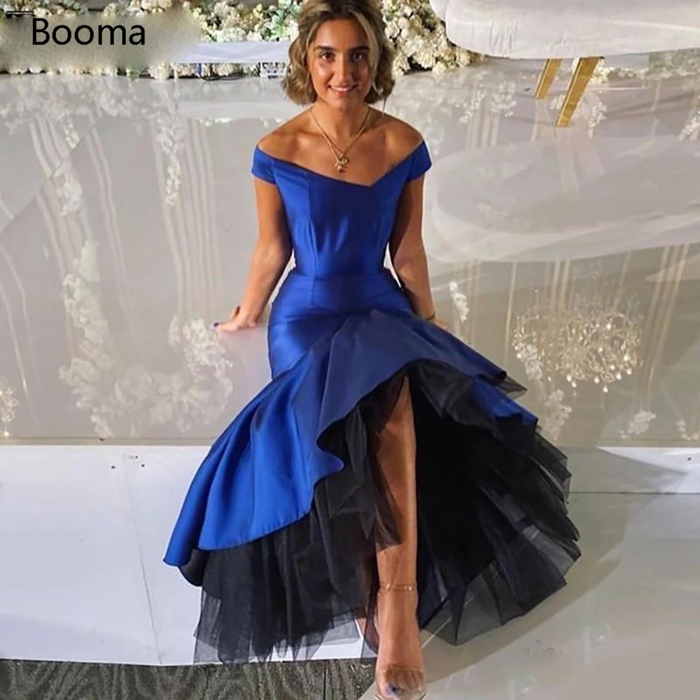 Booma Kraljevsko Modra morska deklica Prom Obleke Off Ramo Taffeta Hi-Lo Večerne Obleke Čaj-Dolžina Trobenta Formalno Stranko Obleke