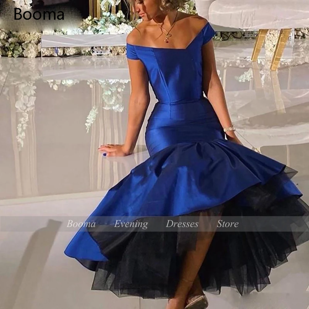 Booma Kraljevsko Modra morska deklica Prom Obleke Off Ramo Taffeta Hi-Lo Večerne Obleke Čaj-Dolžina Trobenta Formalno Stranko Obleke