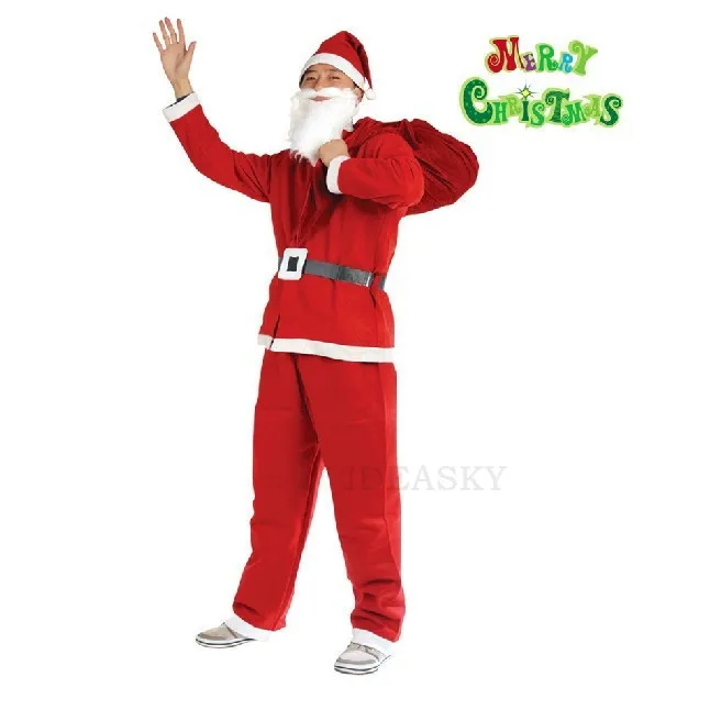 Božič božiček kostum za moške, ženske odraslih Fancy Cosplay Kostume Stranka rdečo Obleko, Plašč, Hlače Brado Pas Klobuk Nastavite Plus Velikost