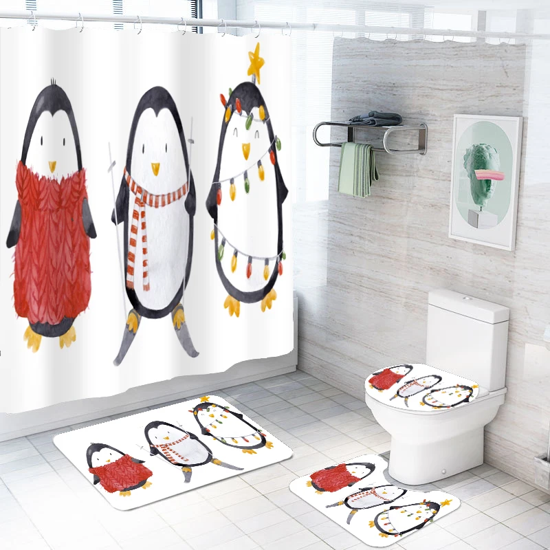 Božič Pingvin Tuš Zavesa Določa 4 Kosov Kopel Mat Nastavite s Kadjo Preprogo Wc Pokrov Talna Obloga,Nepremočljiva Kopalnica Zavese